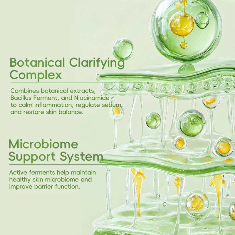 Illustration of botanical clarifying complex with green and yellow spheres illustrating skincare benefits and microbiome support.